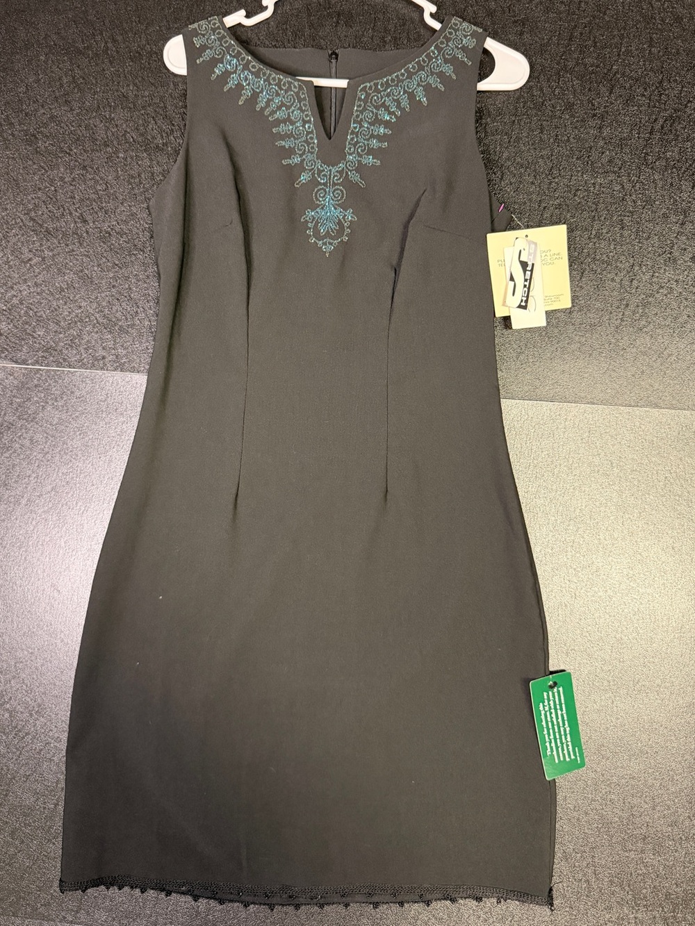 NWT Vintage CDC Black Midi Dress with Teal Embroidered Neckline Sz 8